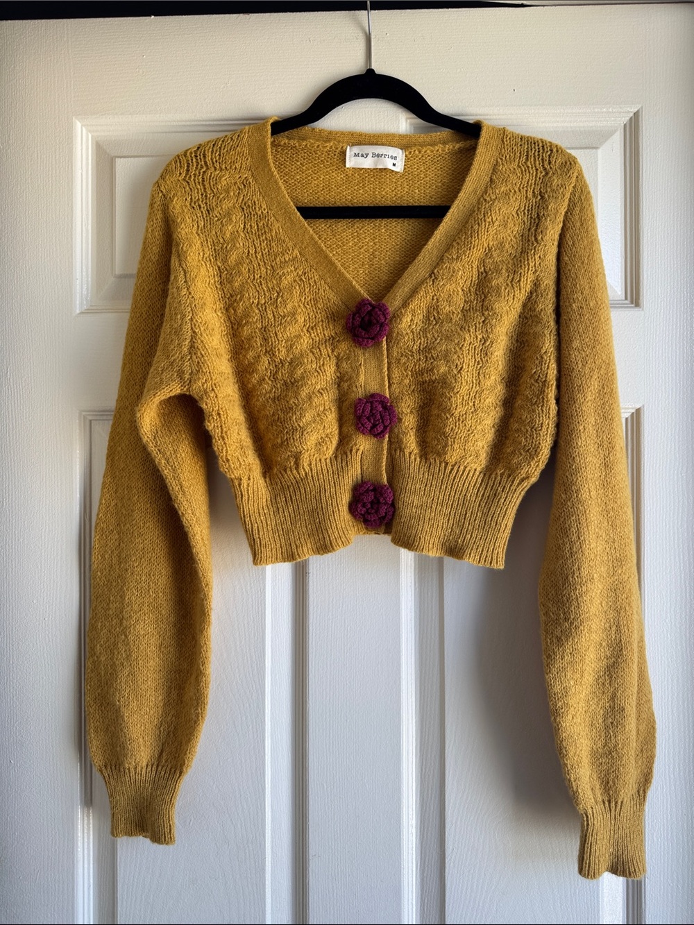 Mustard V-Neck Cropped Sweater with Rose Accent Buttons